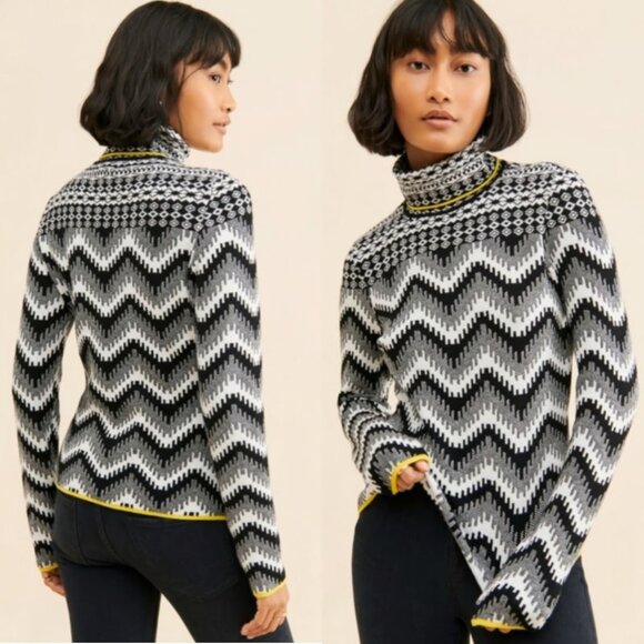 Anthropologie Maeve Ski Slope Black White Chevron Fairisle Turtleneck Sweater L - Picture 1 of 10